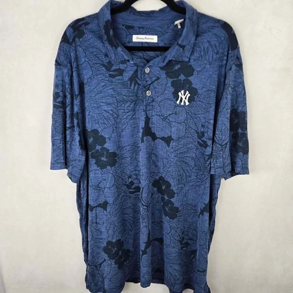 Tommy Bahama New York Yankees Polo Shirt Mens 3XL TG Blue Floral Hibiscus Tencel - Picture 2 of 8